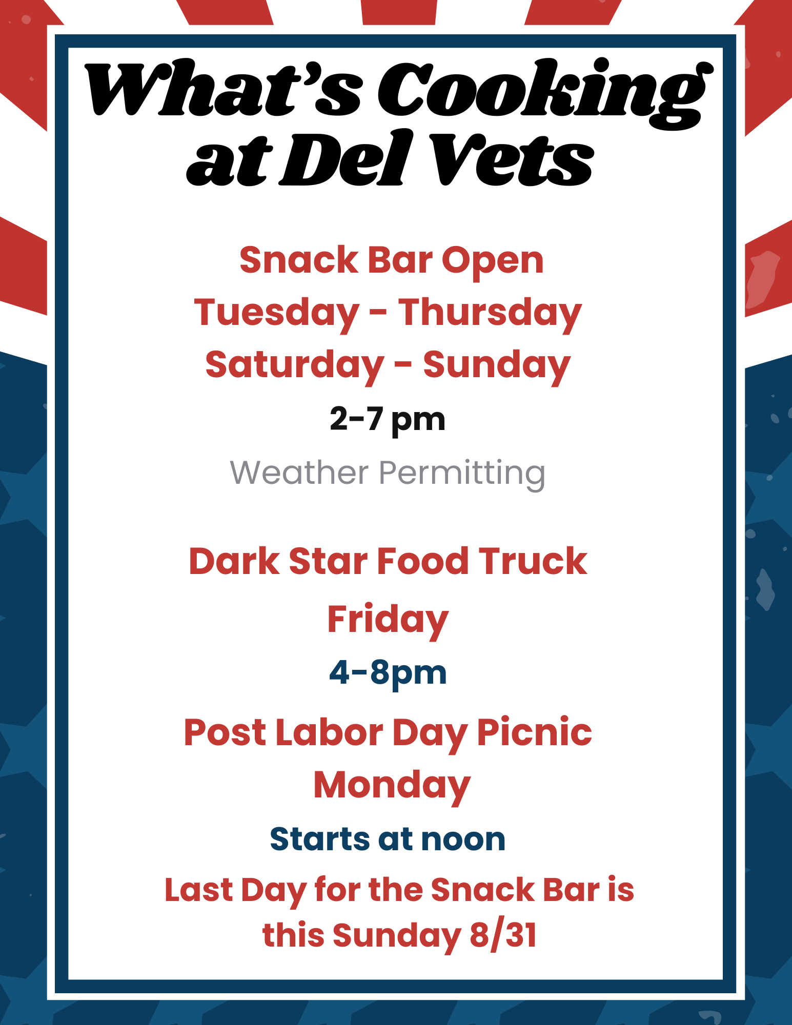 Snack Bar Open (Weather Permitting)