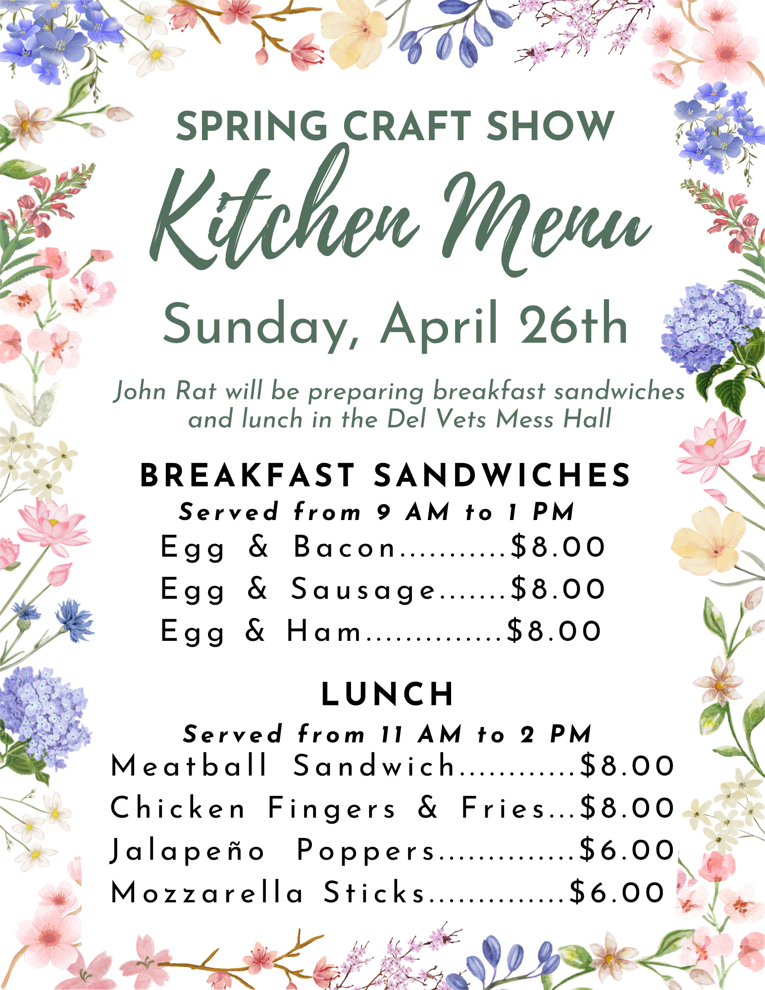 Craft Show Kitchen Menu